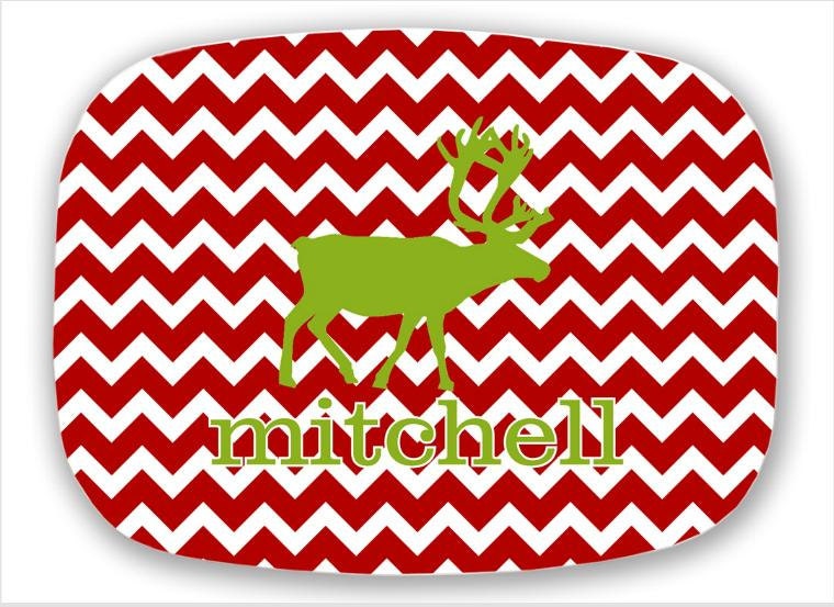 Personalized Melamine Platter--Reindeer with Chevron