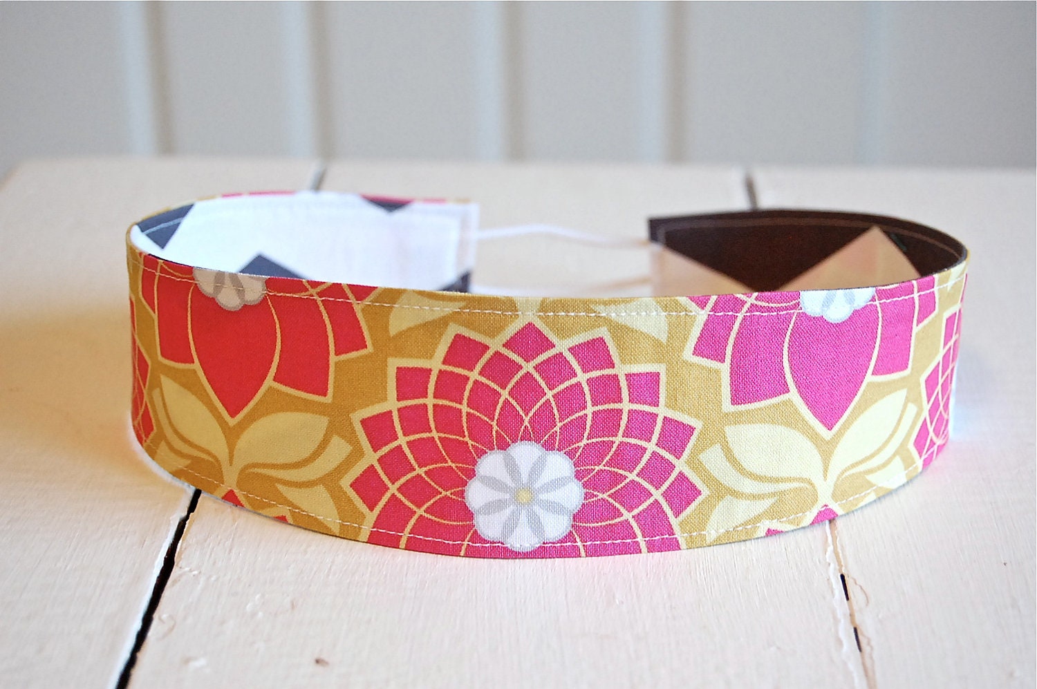 Wide Fabric Reversible Headband - Navy and Turquoise Floral with Cream and Gray Lace