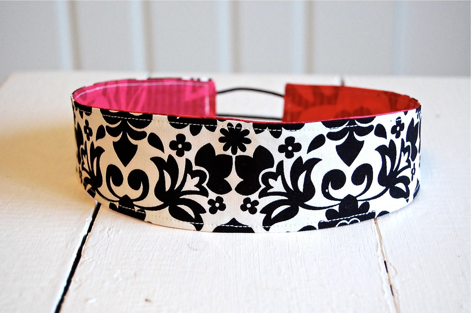 Wide Fabric Reversible Headband - Red Oversized Floral with Black and Cream Damask