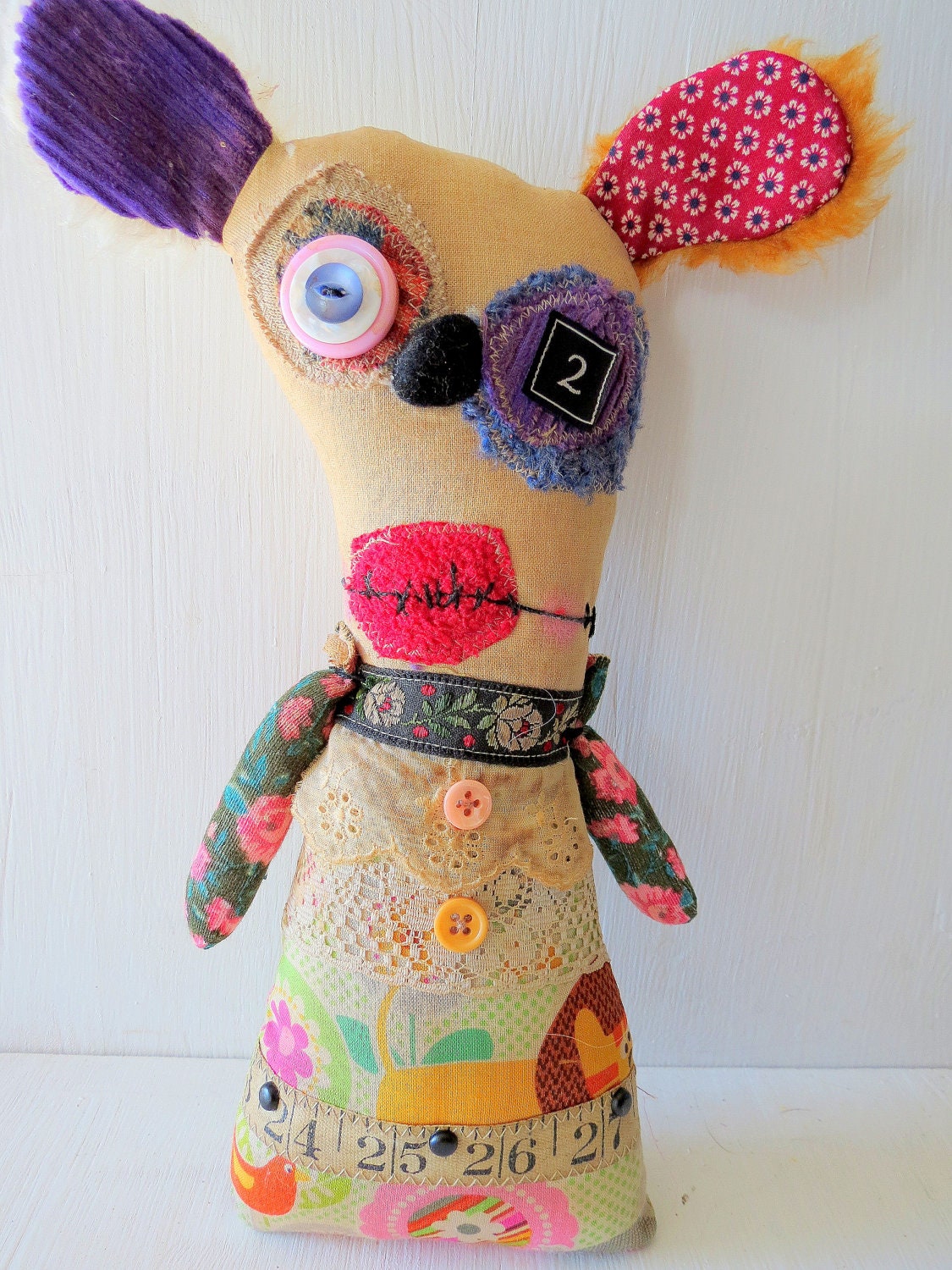 Handmade Monster Plush - Mitzy- Grungy- Art Doll - Halloween- Christmas-Creepy Cute- Doll- Softie