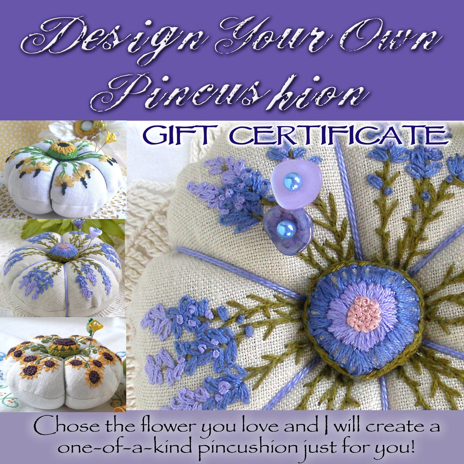 Gift Certificate- Design Your Own Pincushion- Made to Order