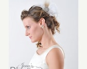 ON SALE hair bridal accessories,  Feathered headpiece brooch, Crystal Brooch Bridal Headpiece, white feathers with bleached peacock feather
