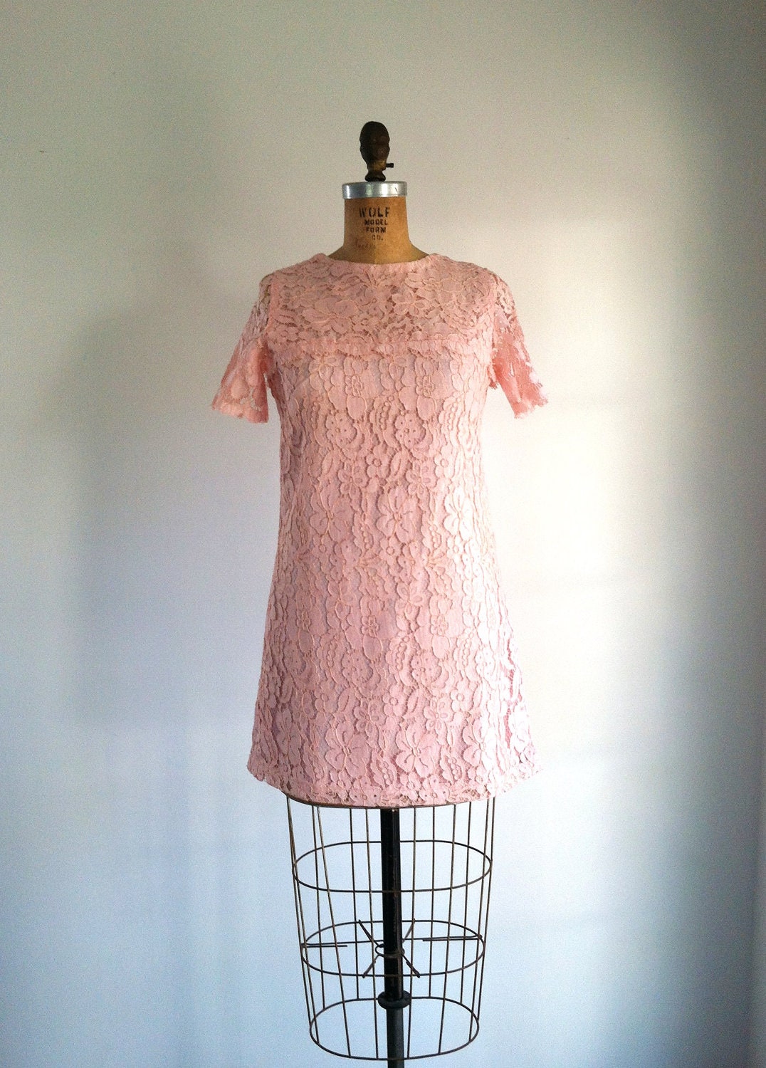 1960s Pink Lace Dress Scalloped Short Sleeve Mini Dress XS Small