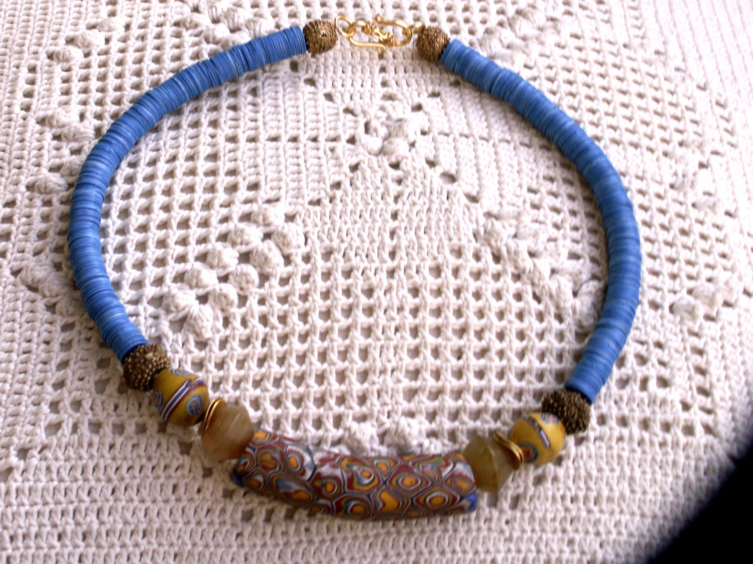 African tribal ethnic necklace with large Venetian Millefiori elbow and King beads and old jade