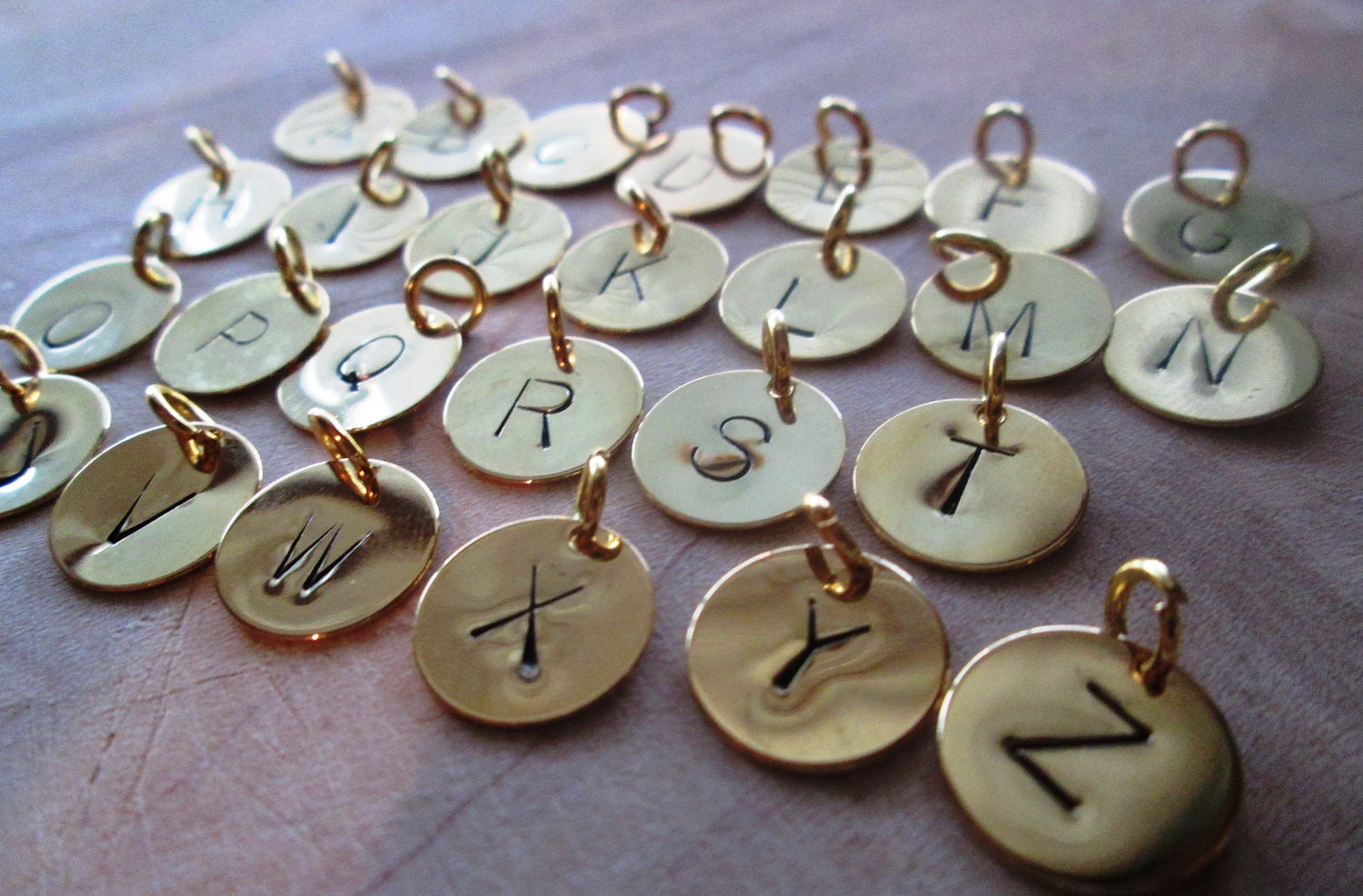 Personalized Letter Stamped Charm , Gold Plated Custom Initials Disc 12mm