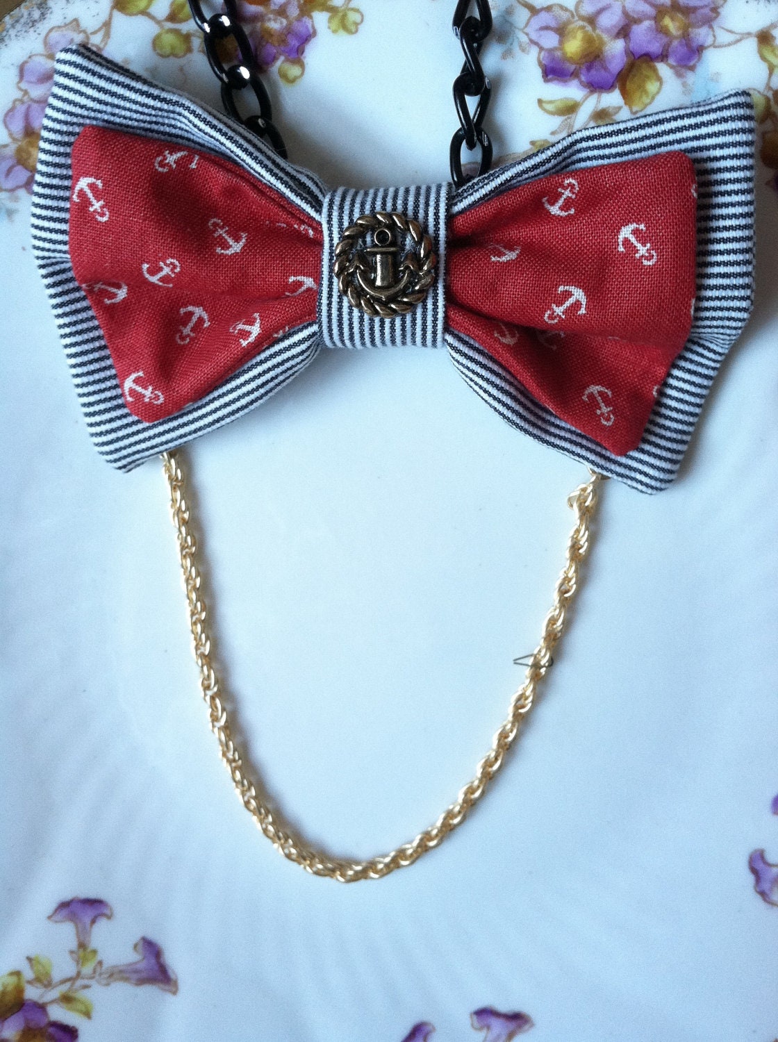 Sailor Red Anchors and Navy White Stripes Bow Tie Necklace