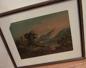 vintage Maxfield Parrish style framed landscape print. Distressed mountain lake scenic art. Retro cabin lodge decor, autumn colors