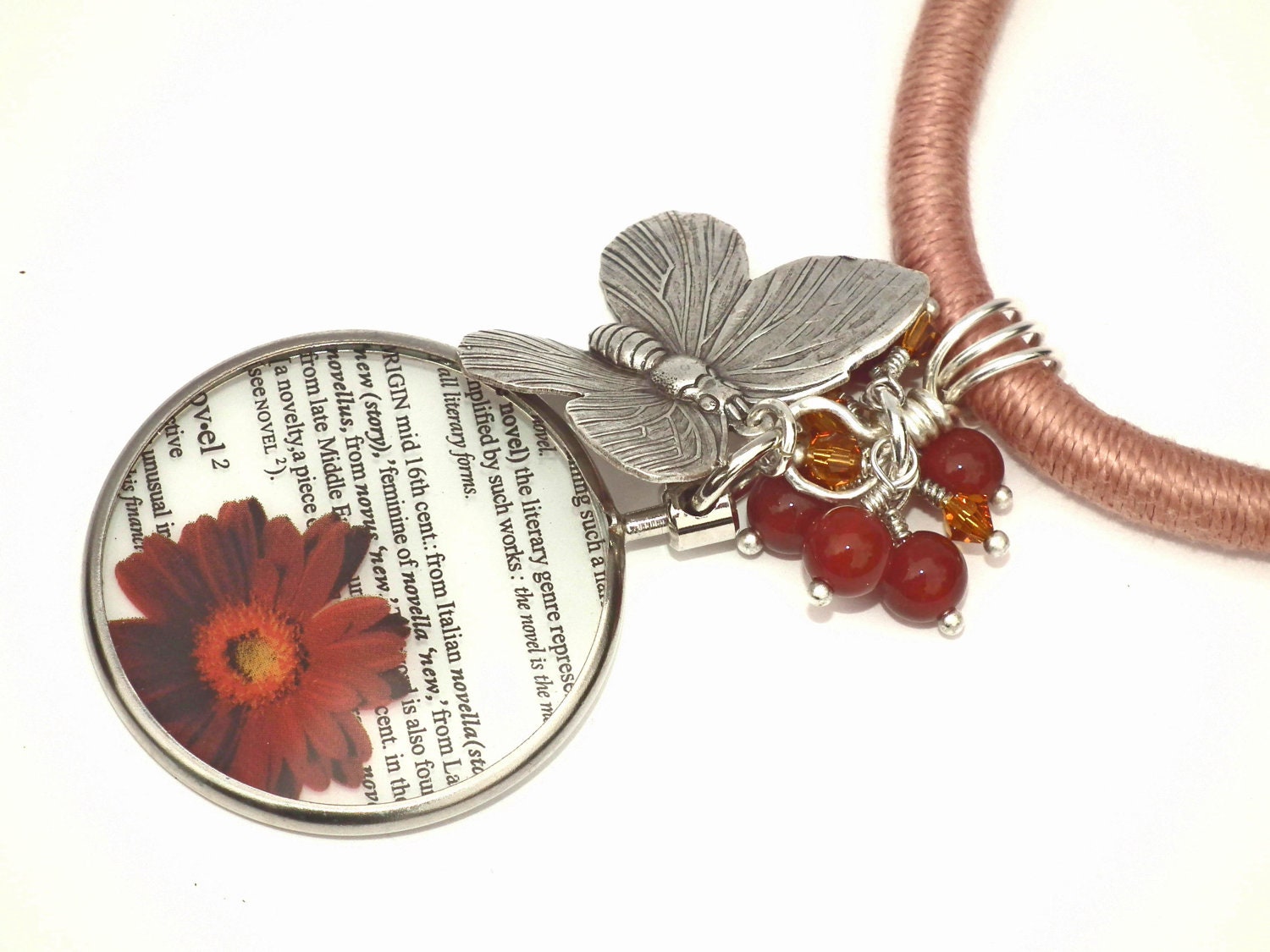 Industrial Chic Butterfly, Flower and Carnelian Wrapped Cord Necklace with Carnelian, Swarovski and Sterling Accents