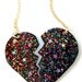 Broken Heart Necklace - Rainbow Glitter and Stars - Black and White Plastic Heart