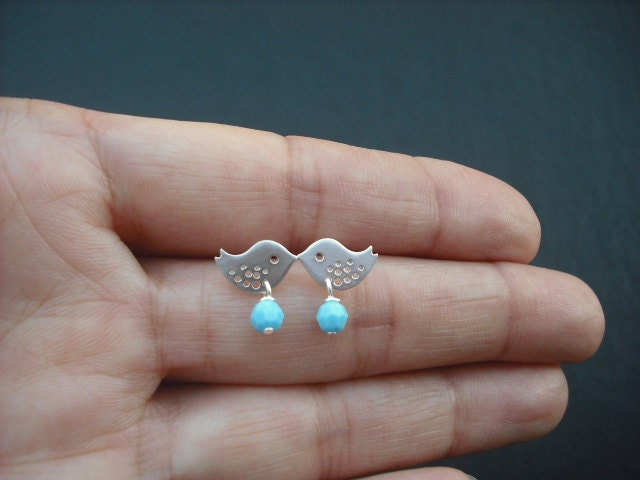 Birthstone, tiny love birds post earrings - sterling silver post, bridesmaids gift, wedding gift