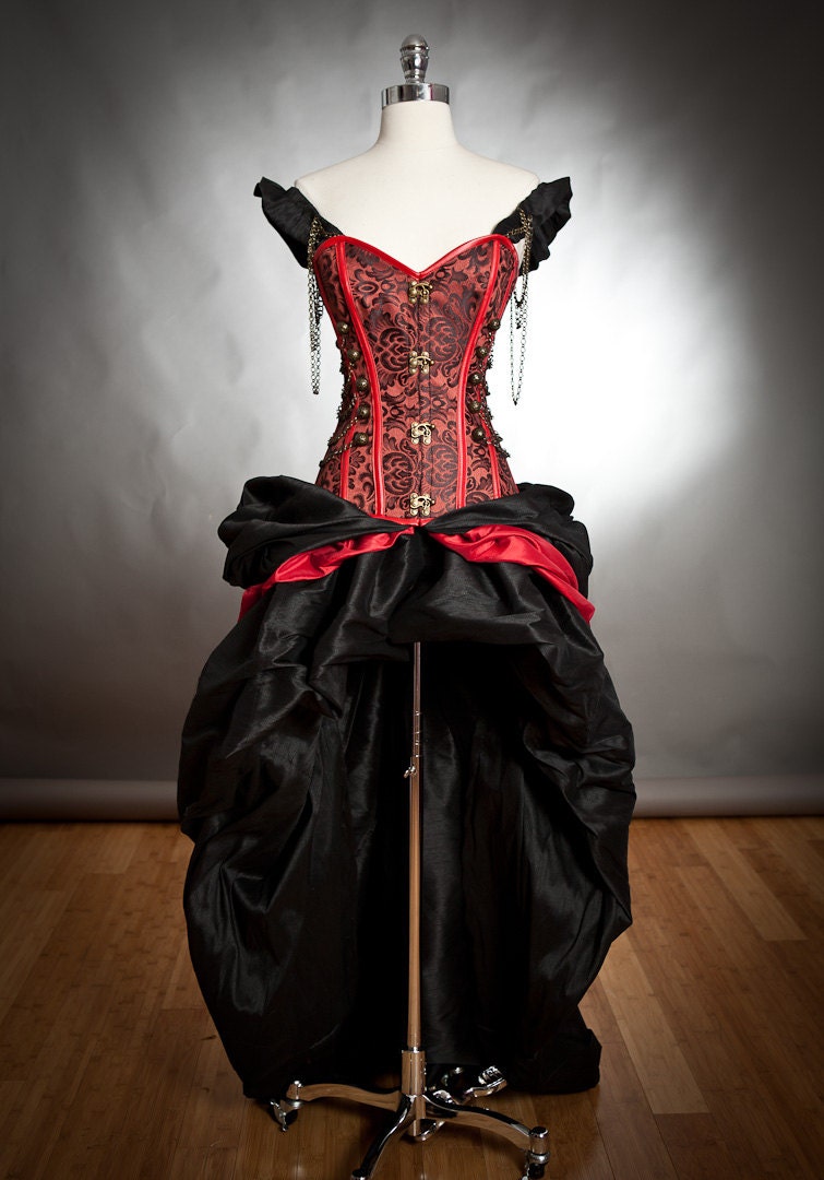 Custom Size Black and Red Steampunk Burlesque corset with train prom dress