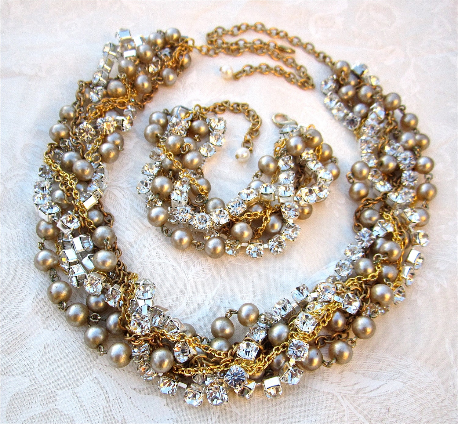 Bridal Set Rhinestone Pearl Necklace & Bracelet Statement Necklace Chunky Bracelet Gold Vintage Wedding Chains - Life of the Party in Gold