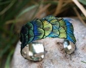 Genuine Peacock Feather Cuff Blue, Green, Gold - Small 1 inch Bracelet