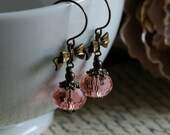 Pink  Earrings, Bow Detail, Dangle, Drop Earrings, Antique Gold, Vintage Inspired Earrings, Bridesmaid, Bridal - Rose
