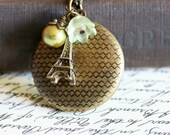 Locket Necklace , Round Locket , Eiffel Tower Charm Necklace , Paris Inspired Jewelry, Yellow, Flower - Springtime in Paris