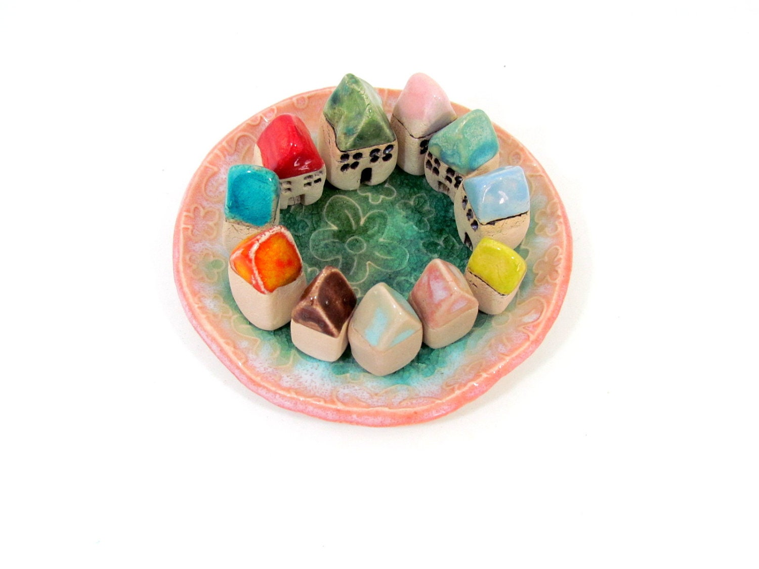 Colorful  tiny rustic ceramic beach cottages Ceramic miniature houses Home decoration (set of 5)