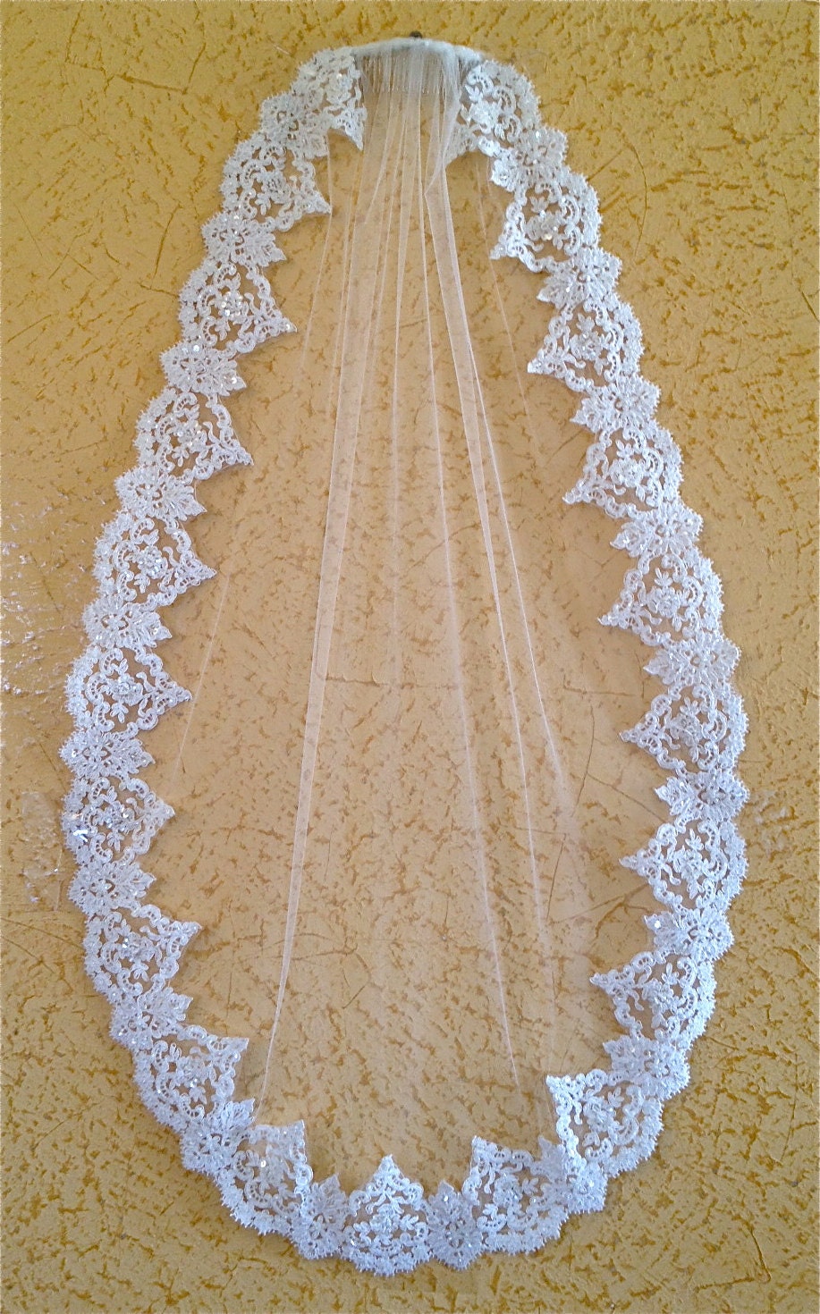Bridal Lace veil in single layer, fingertip with Original French lace trim in ivory