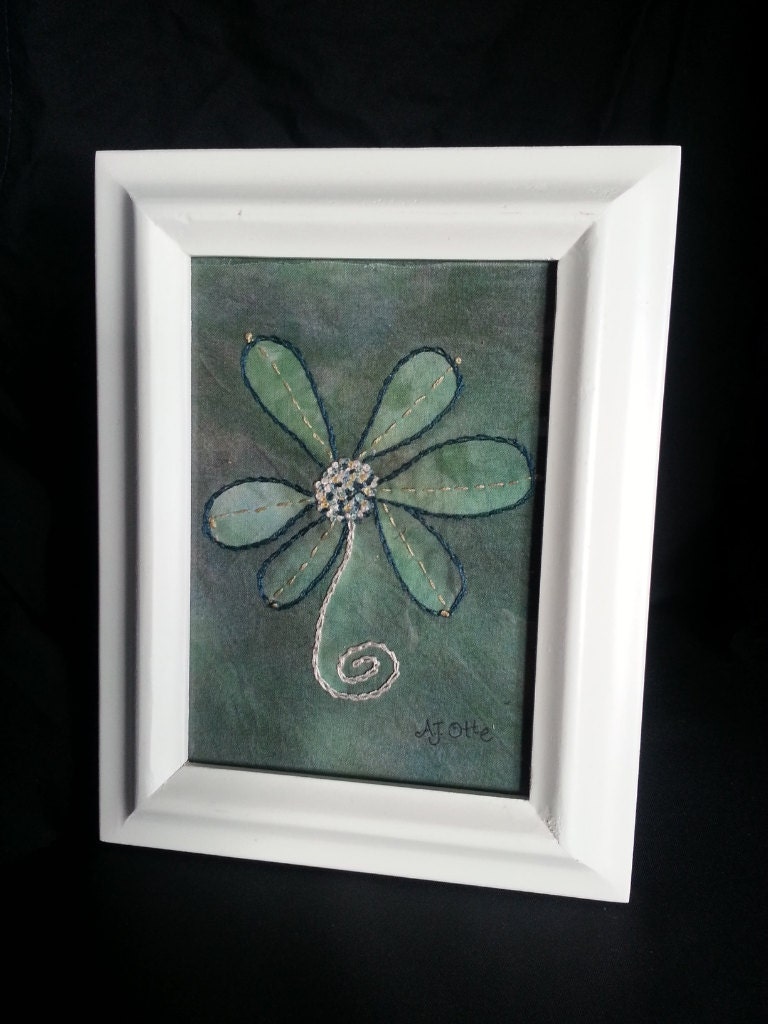 OOAK Hand-Embroidered Green Flower on hand-dyed fabric in White Table Frame