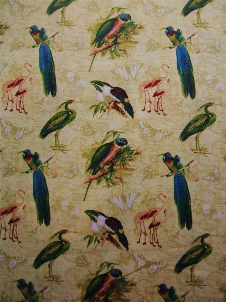 Wilmington Tropical Travelogue Bird Paradise Flamingo Gold 1940s Retro Fabric - AliceInStitchesArts