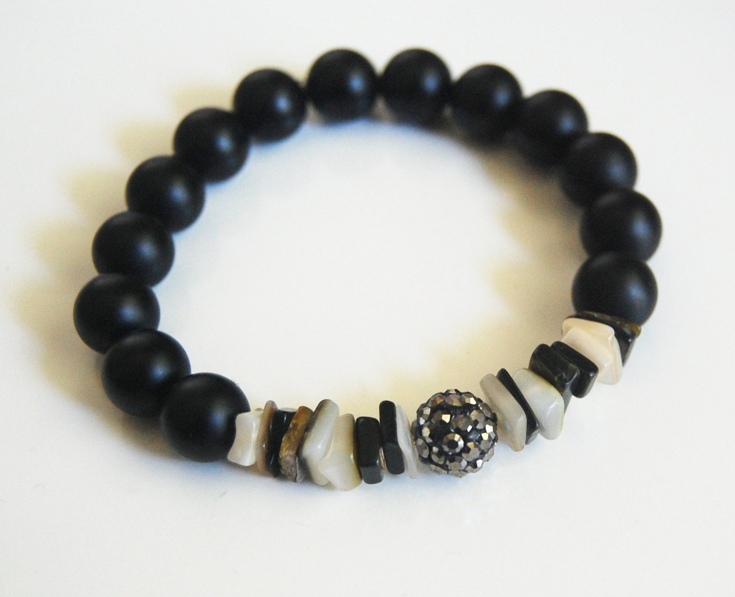 Matte Black Onyx And Black Lip Shell Bracelet - Beaded Bracelet - Stretch Bracelet - Black Bracelet