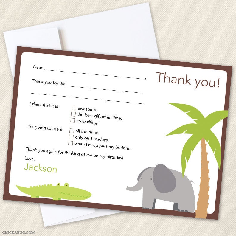 Jungle safari party - Set of 15 custom thank you cards - Printable file also available