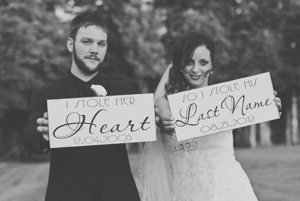 Wedding Signs, I Stole Her Heart with So I Stole His Last Name with Thank You on the back.  2-Sided, Vintage, 8 X 16 inches.  Photo Props.