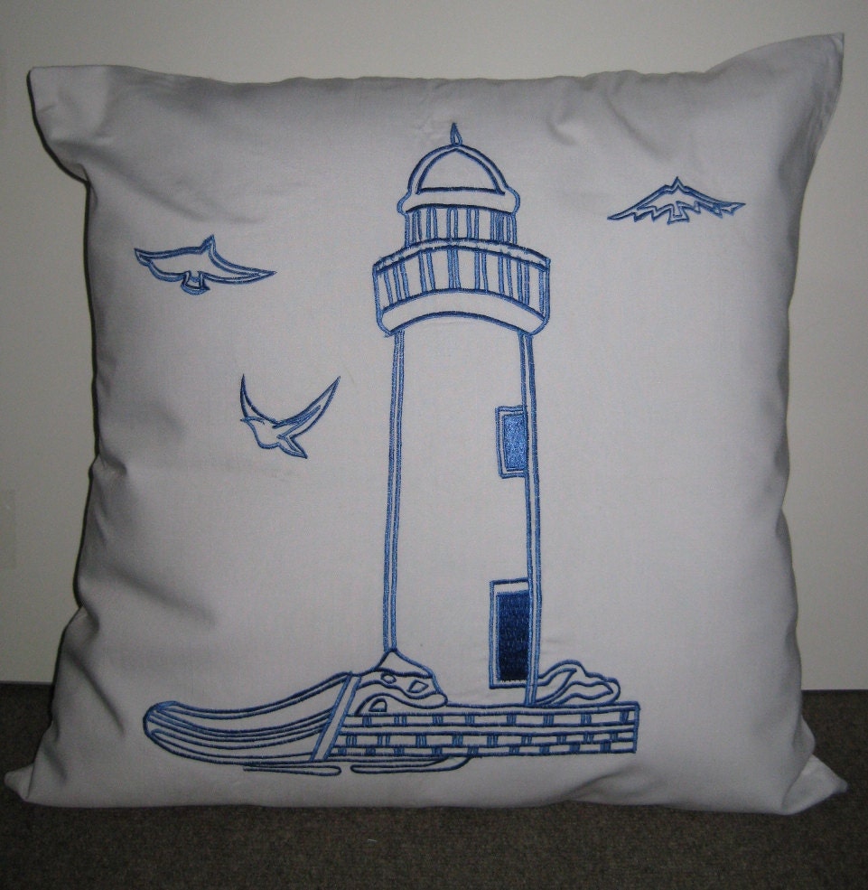Embroidered Decorative Pillow Cover - Lighthouse - 18" x 18" White Pillow with Blue Embroidery (READY TO SHIP)