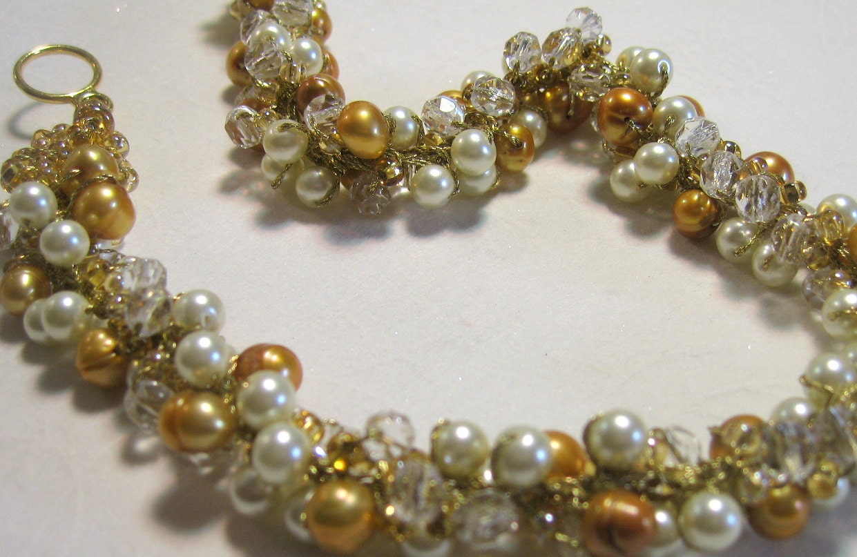 FRESHWATER Pearl Crystal Wedding Necklace, Bright Yellow Gold, Sparkling Crystals - SUNSHINE - Hand Knit Cluster Exclusive by Sereba Designs