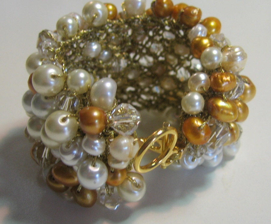 Big EXTRA Wide Freshwater Pearl Crystal  Wedding Statement Bracelet Cuff, BRIGHT GOLD, White, Ivory,  Exclusive by Sereba Designs