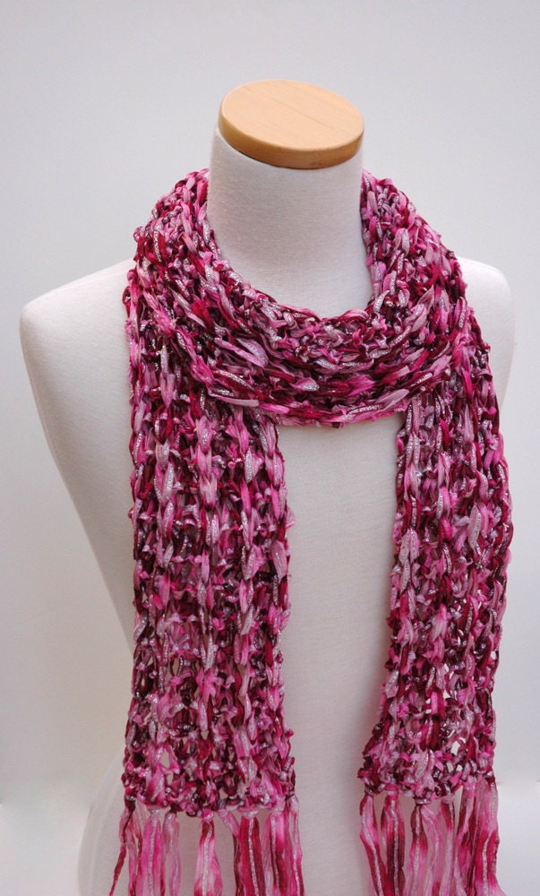 Scarf- Hand Knit- Raspberry, Silver, Mauve, Fuschia