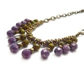 Glass Statement Necklace, Purple and Olive Czech Glass, Beaded, Miyuki Seed Beads, Amethyst Luster Beads, Bohemian Necklace
