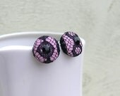 Black and Pink Earrings, Fabric Covered Button Studs, Button Earrings, Lace Earrings, Black Earrings, Button Jewelry