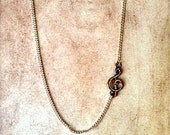 Tiny Sideways Silver Metal Treble Clef G Music Note CHarm Offset Necklace with Silver Plated Chain