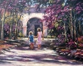 Courtyard Shadows, Two Sisters Oil Painting, southwest paintings, sister paintings, hand in hand, sisters, Vickie Wade paintings