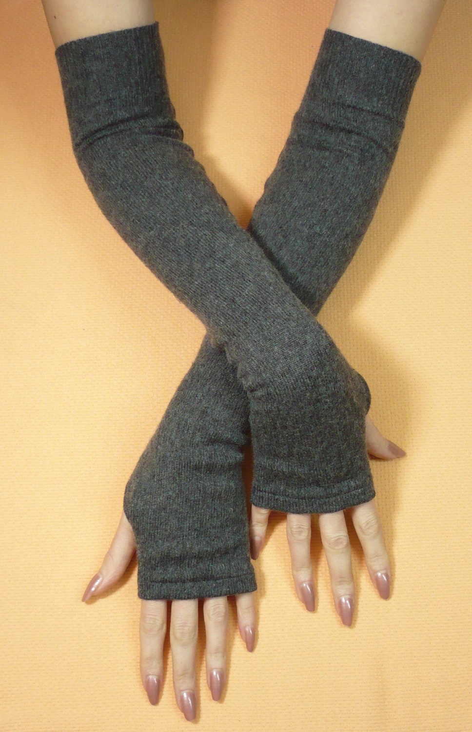 Long Graphite, Dark Grey Upcycled Fingerless Merino Wool Gloves, Soft and Warm Women Armwarmers, recycled Knit Sleeves, Boho Style, Winter