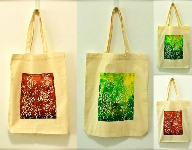 Big Shopping Tote Bag of Cute Teddy Bear Vintage Design Silkscreen Painted in Red or Green - Chic Art Gift for Fashionable Women