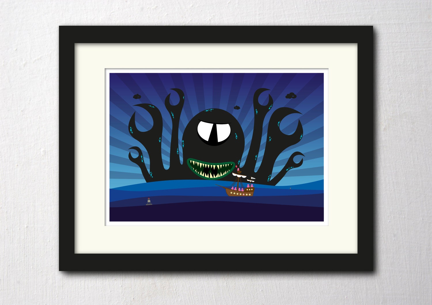 A2 wall art nautical print poster of a big black sea monster about to eat a ship full of cats on a blue background