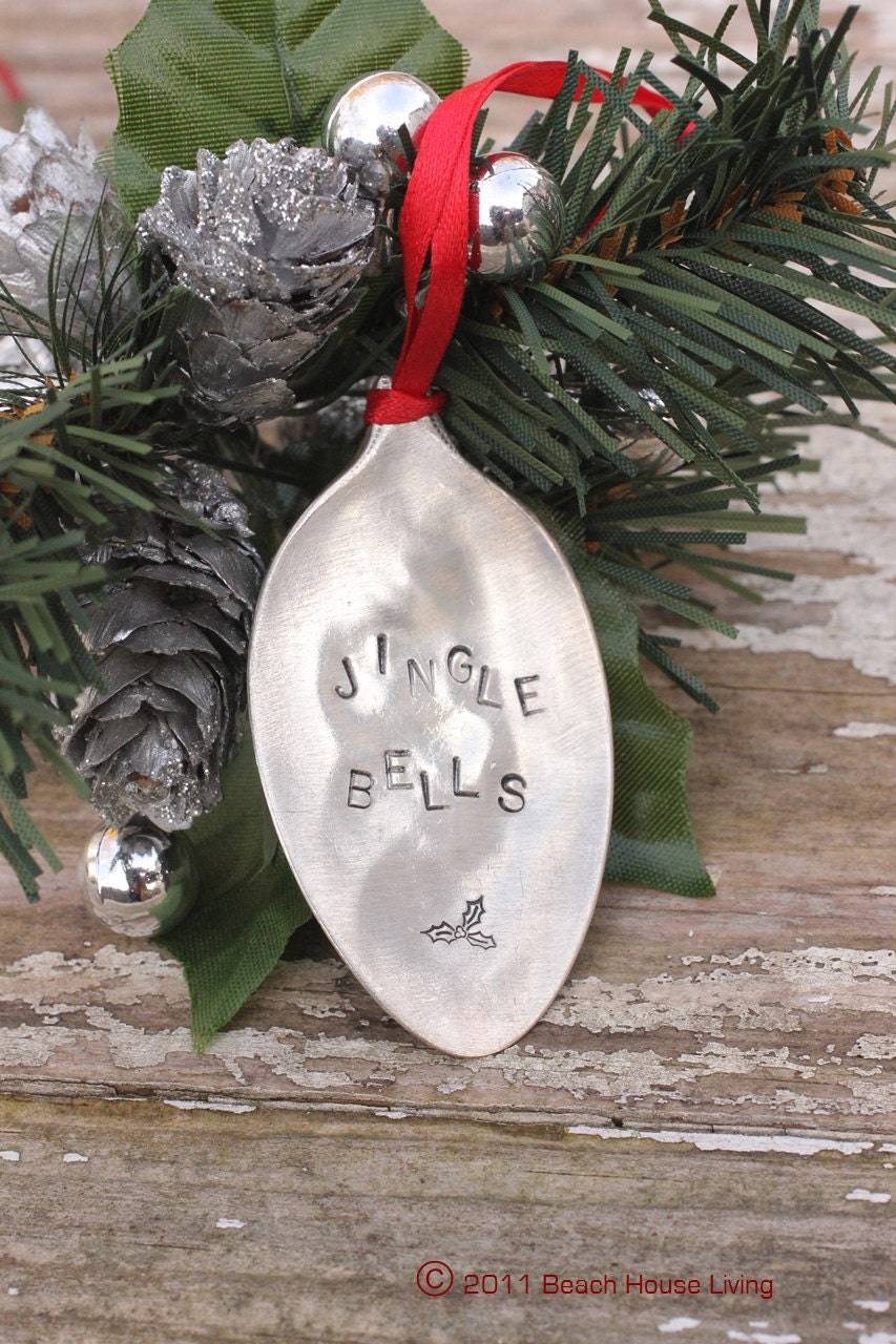 Jingle Bells Spoon Ornament Christmas Hand Stamped Recycled Silverware Eco Friendly