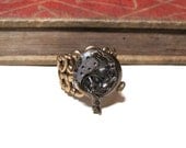 Steampunk Lady on the Moon Watch Movement Ring - Adjustable Filigree Band - Antique Brass - Antiqued Gold