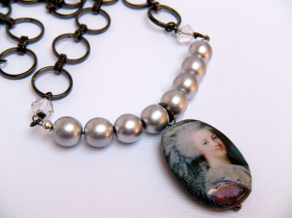 Marie Antoinette Necklace, Silver and Gunmetal Necklace, Decoupage Necklace - Let Them Eat Cake