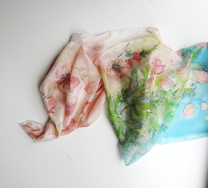 Silk scarf hand painted on ponge silk - hand dyed neck accessories - Floral decorative print -180x45
