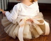 Newborn baby champagne and blush perfectly proportioned with blossom hair clip. Soft tutu in champagne with blush ribbon nursery decoration.