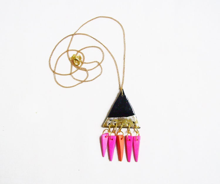 Triangle Moon Necklace,  Black Clay Geometric Gold Gilded Pendant, Pink Spikes - LUNAR //SOLAR Collection