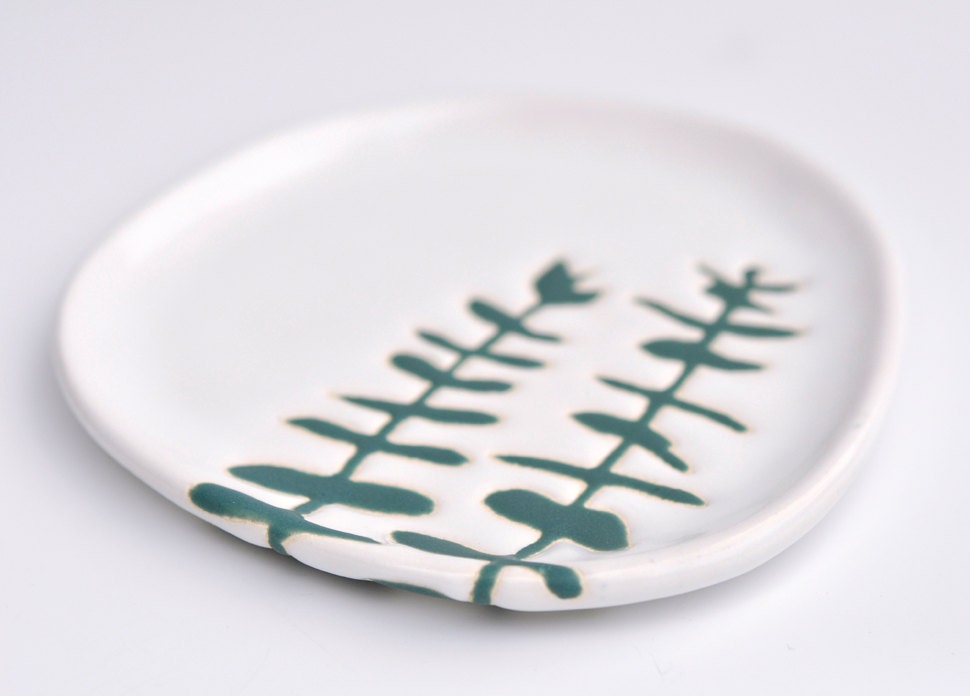 small ceramic plate for serving or home decor - eucalyptus leaves in blue green on white