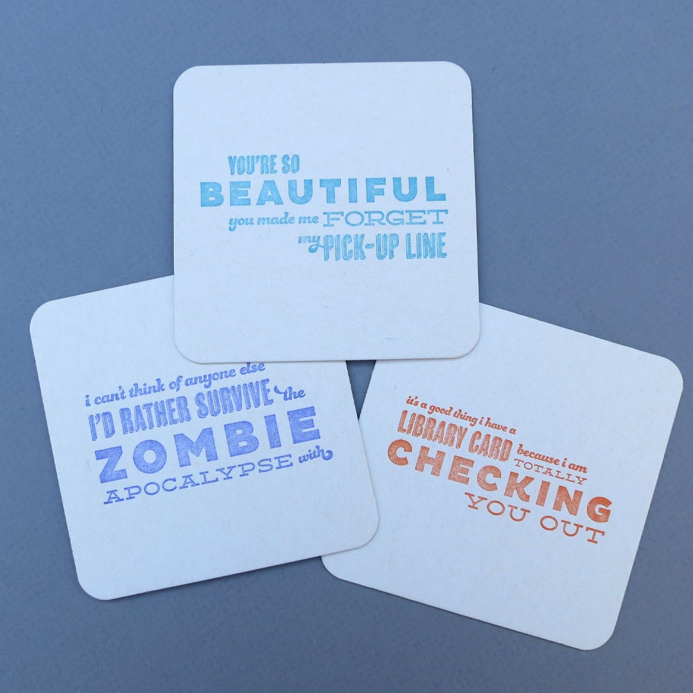 pick-up line letterpress coasters - 10 pack assorted