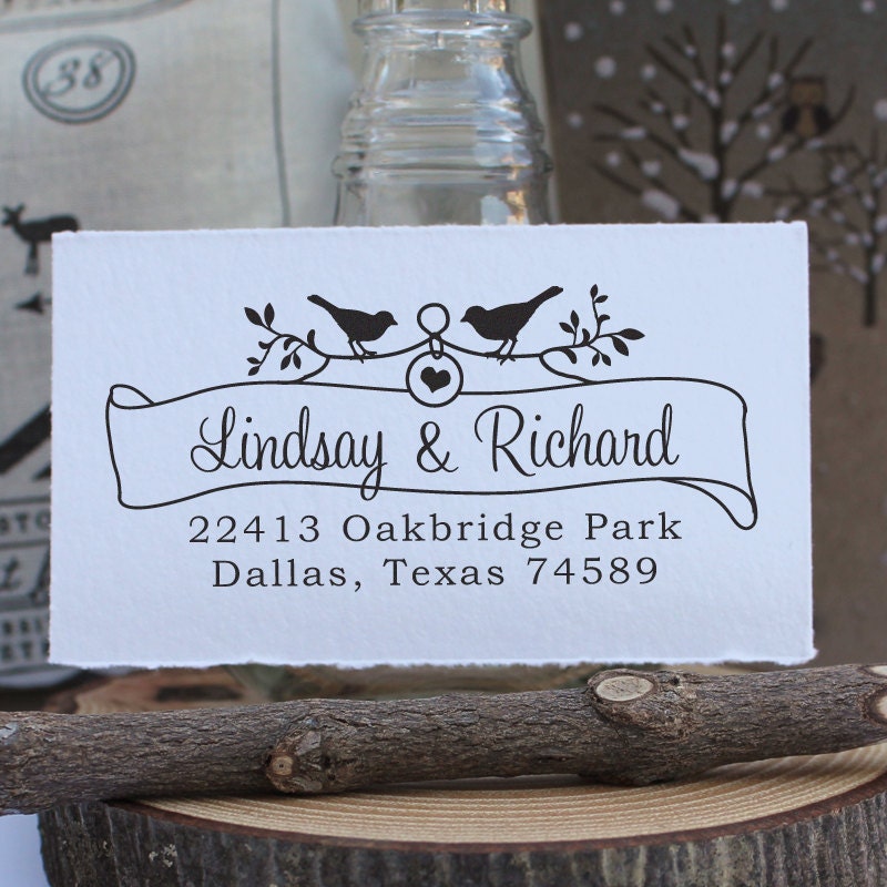 Custom Rubber Stamp - Self Inking Address - Wedding Stamp - Bird & Banner