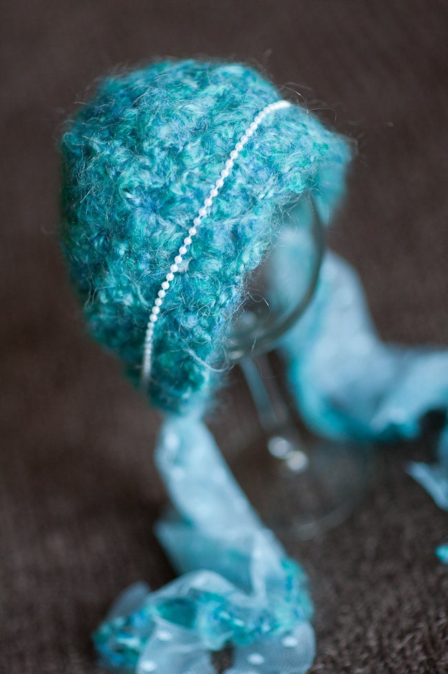 Crochet Newborn Bonnet. Teal. Turquoise. Pearls. Mohair. Wool. Photography Prop. Knit Hat. Baby Girl.