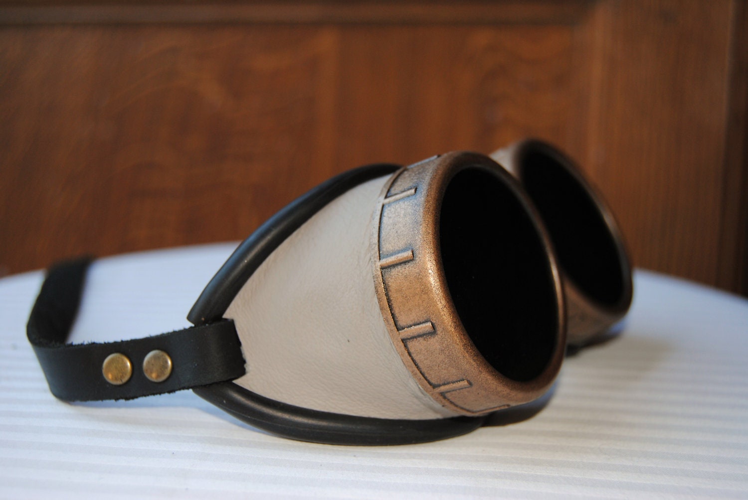 light khaki leather steampunk goggles