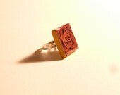 Burgundy Rose Scrabble Tile Silver Adjustable Ring (R1)