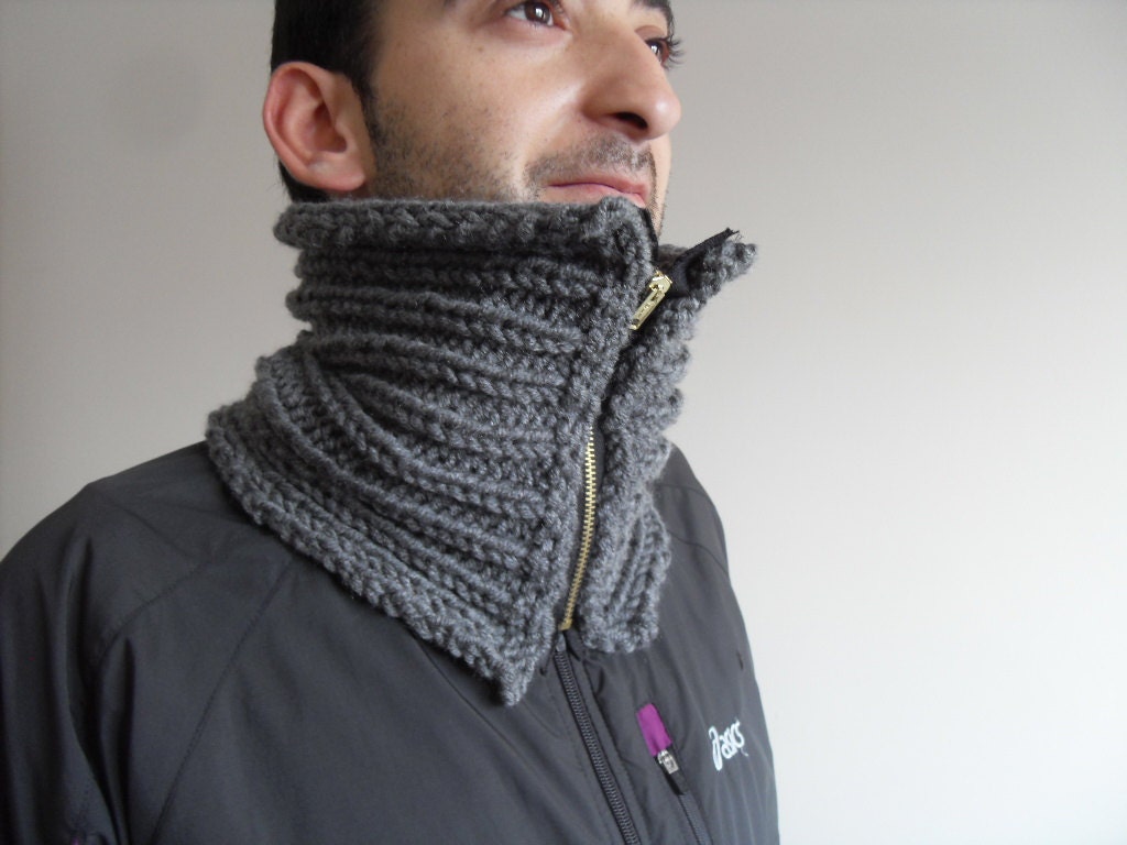 Men Neckwarmer, Gift For Dad, Men Cowl, Grey Neckwarmer, Hand Knit, Chuncky,Metal Zip, Boy Friend Gift - SmilingKnitting